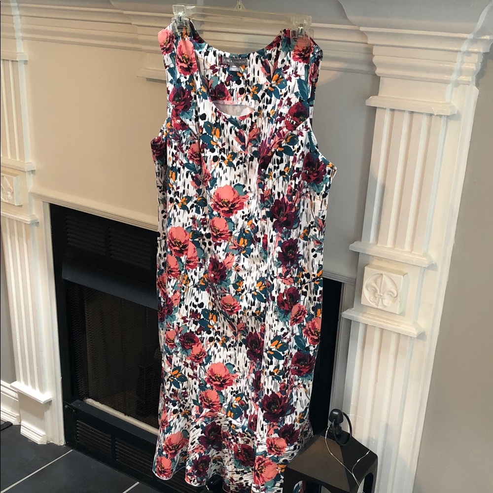 Jessica London White Sleeveless Midi Dress with Pink and Burgundy Floral Print
